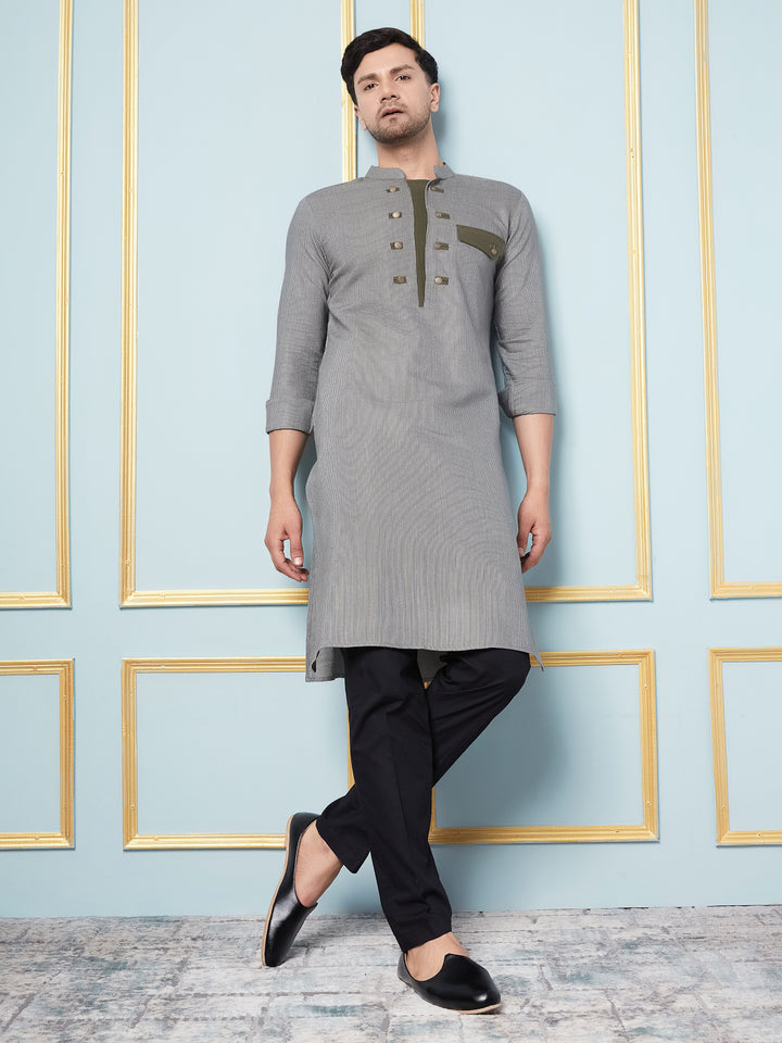 Grey Woven Straight Kurta With Pyjama