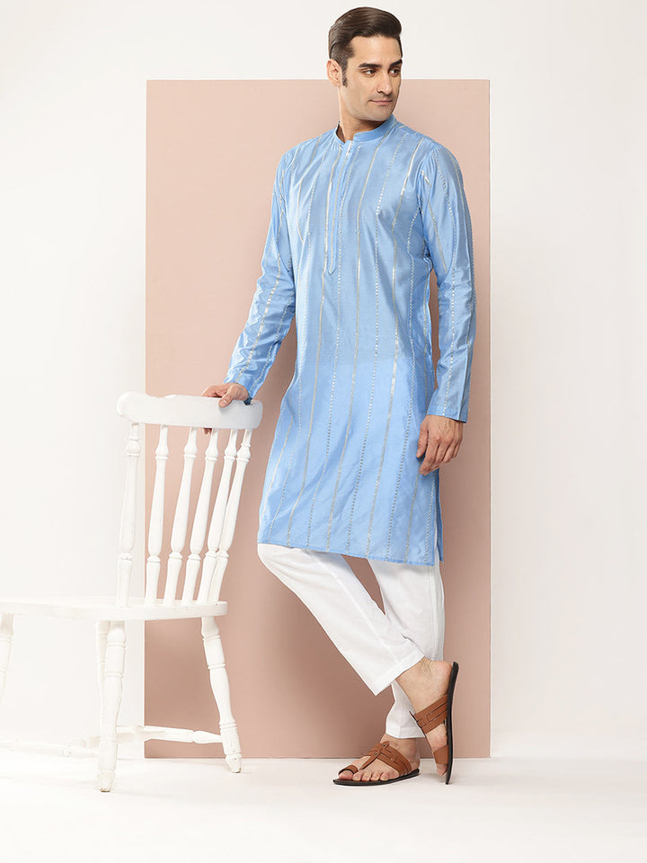 Men's Turquoise Blue Sequins Embroidered Chanderi Silk Straight Kurta