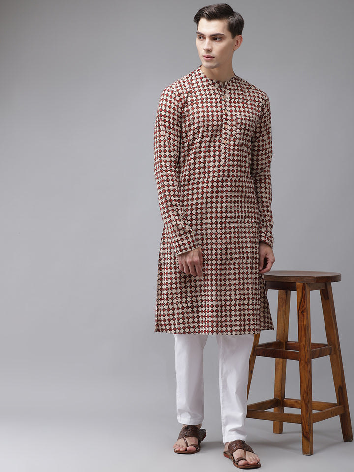 Men Beige And Maroon Hand Block Print Sustainable Straight With Kurta Pyjama