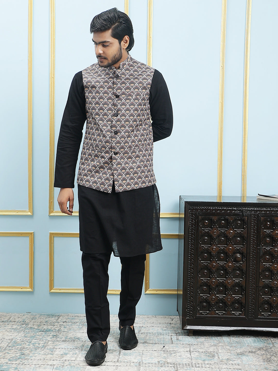 Cut Jacket Black Printed Nehru Jacket: Stylish Men's Ethnic Wear – See Designs