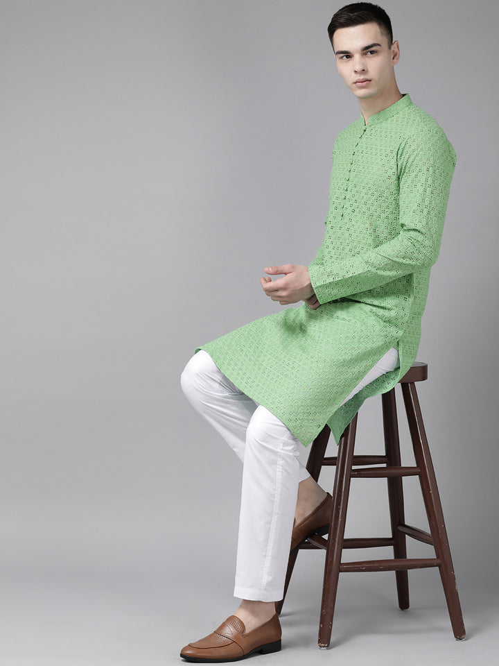 Men Green Pure Cotton Chikankari Embroidered Straight Kurta
