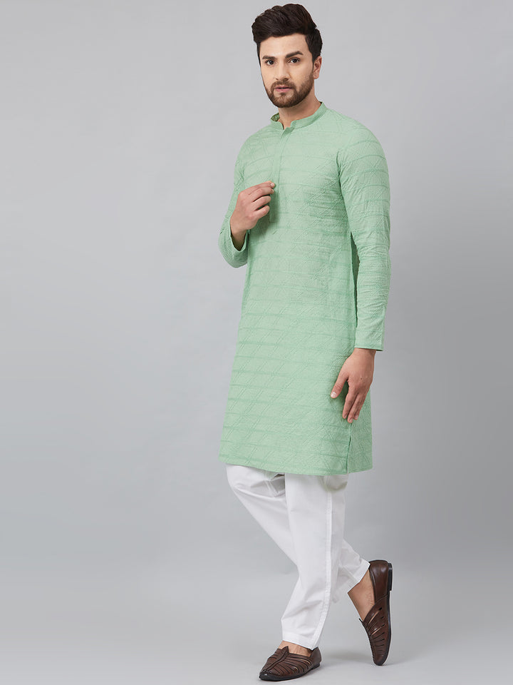 Men Green Chikankari Embroidered Woven Design Straight Kurta
