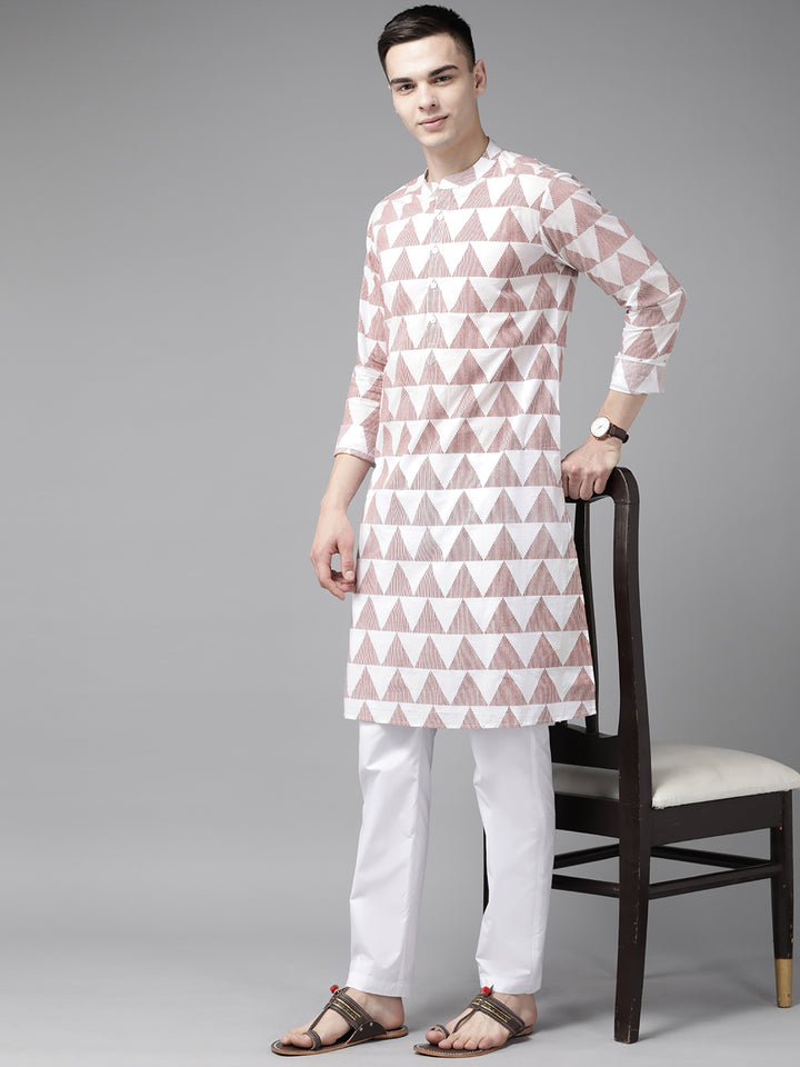 Men White & Maroon Stripe Printed Straight Kurta With Pyjama