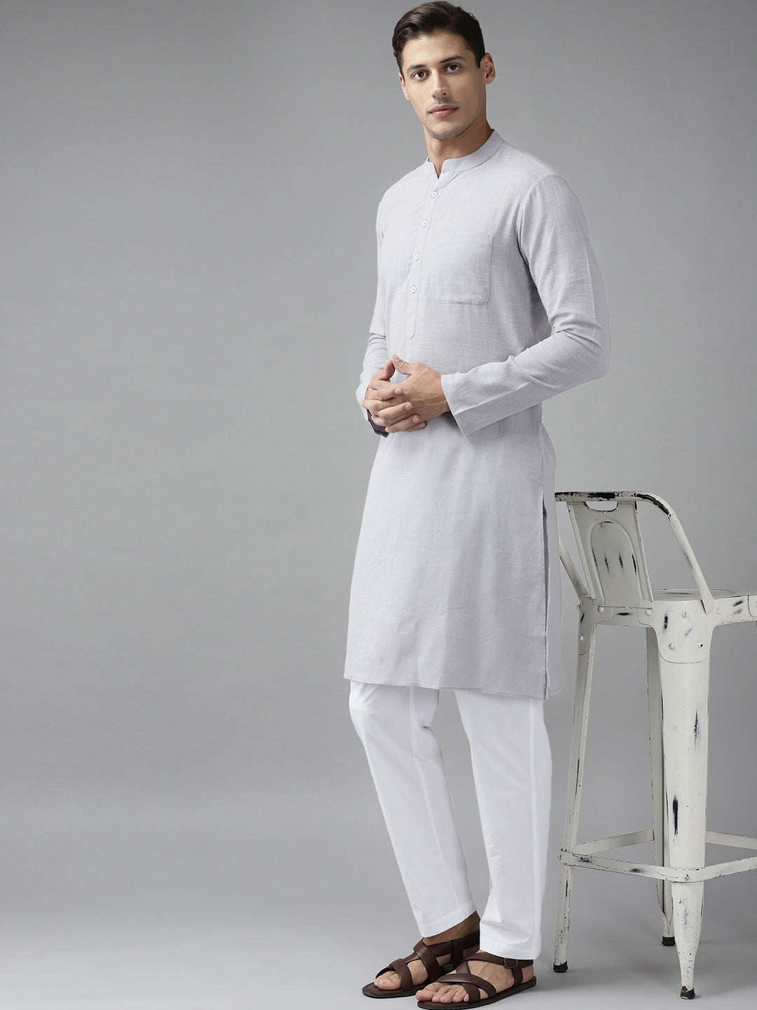 Men Grey Cotton Slub Straight Kurta with Pyjama
