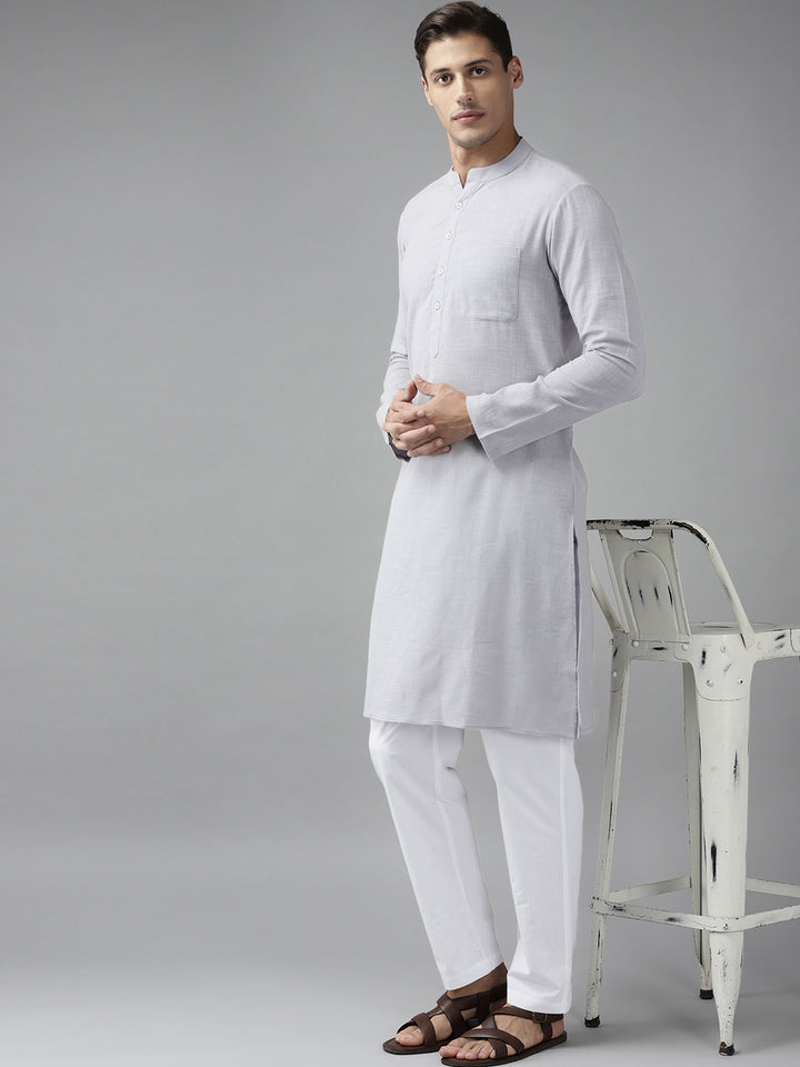 Men Grey Cotton Slub Straight Kurta with Pyjama