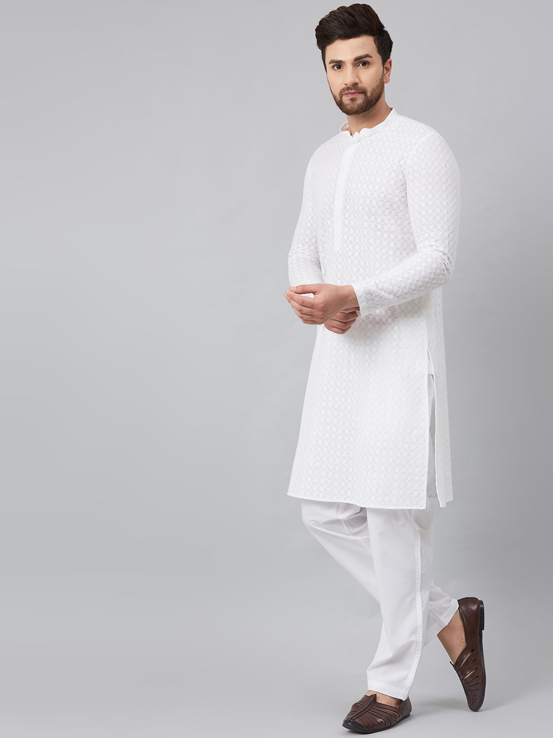 Men White Chikankari Embroidered Woven Design Straight Kurta