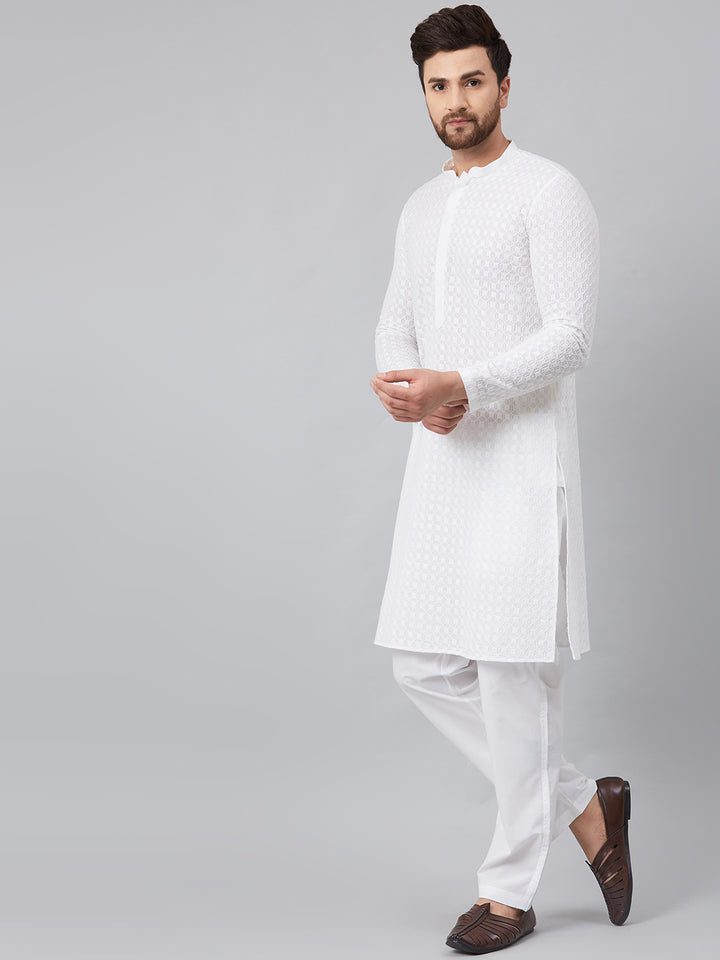 Men White Chikankari Embroidered Woven Design Straight Kurta