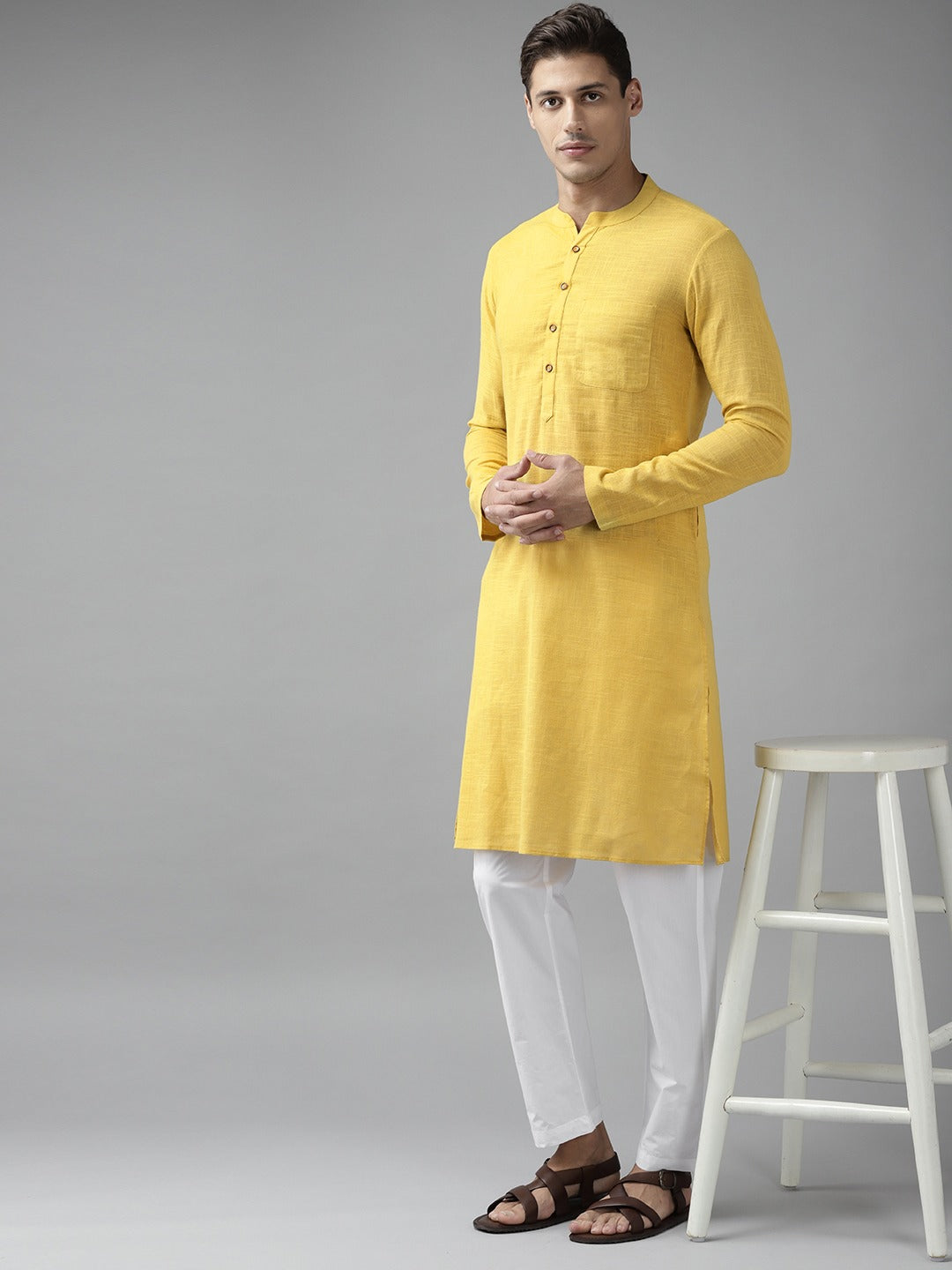 Men Yellow  Cotton  Straight Kurta with Slub Effect With Pyjama