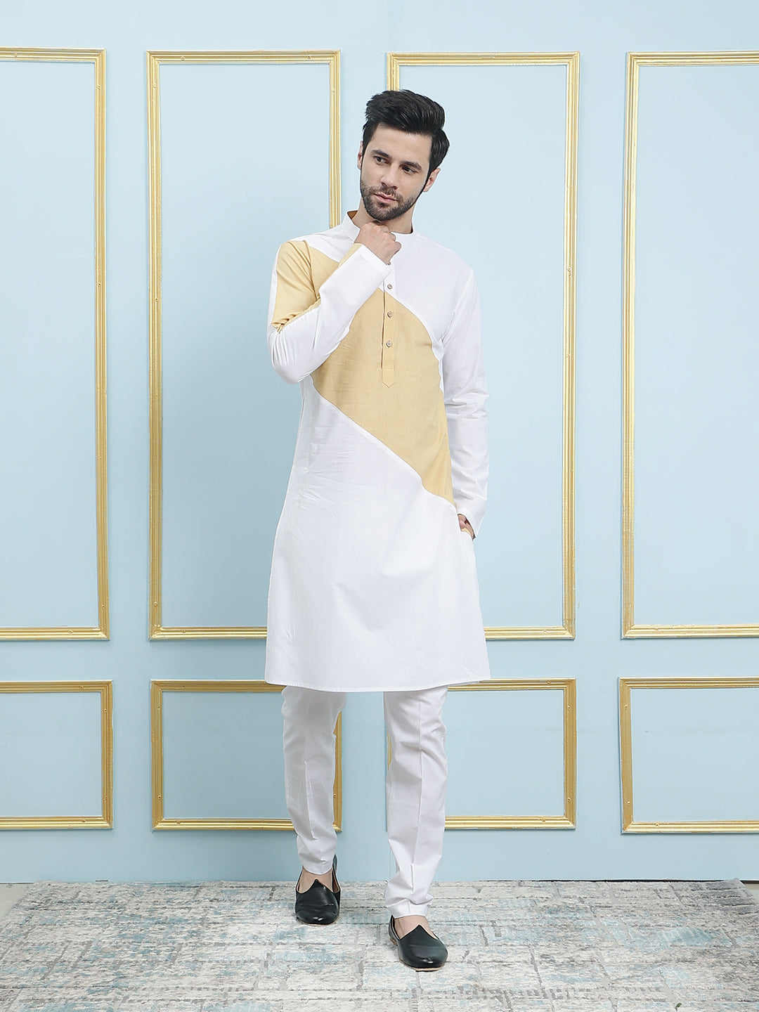 Elegant White Solid Pure Cotton Straight Kurta Featuring Princess Panel and Paired with pyjama See Designs Elegant White Solid Pure Cotton Straight Kurta Featuring Princess Panel and Paired with pyjama See Designs