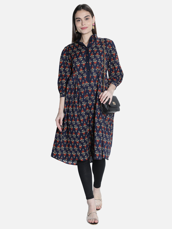 Women Blue And Maroon Printed Dress