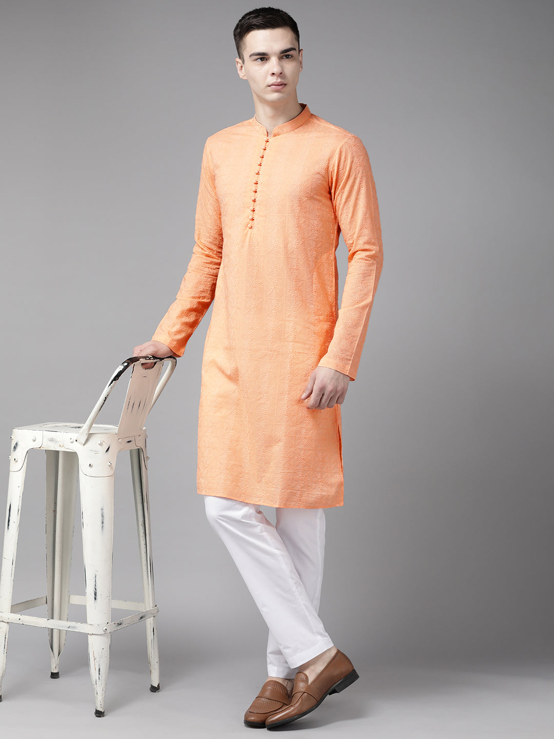 Men Peach Pure Cotton Chikankari Embroidered Straight Kurta With Pajama