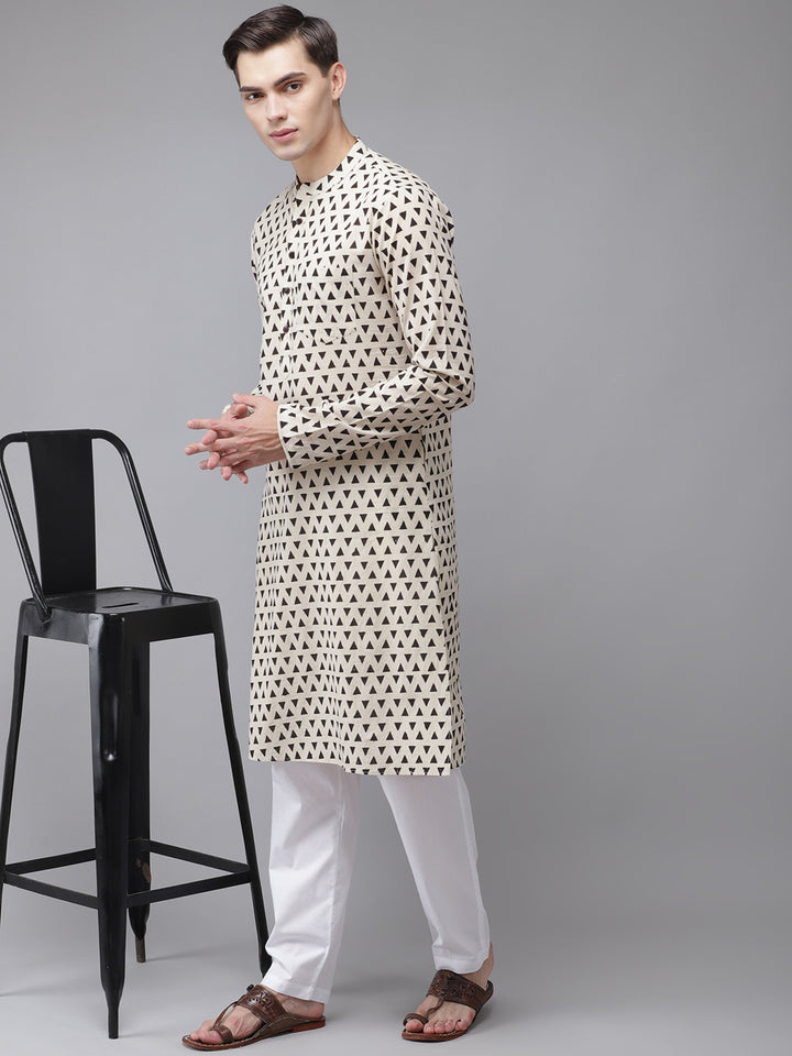 Men Beige And Black Hand Block Print Sustainable Straight With Kurta Pyjama