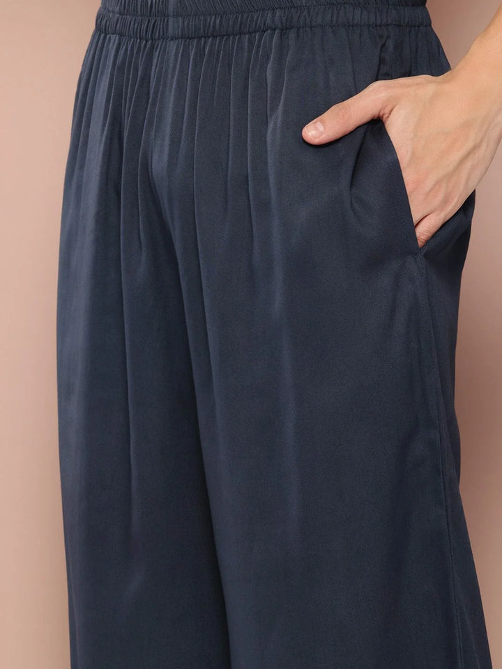 Men's Navy Blue Rayon Solid Pathani Set