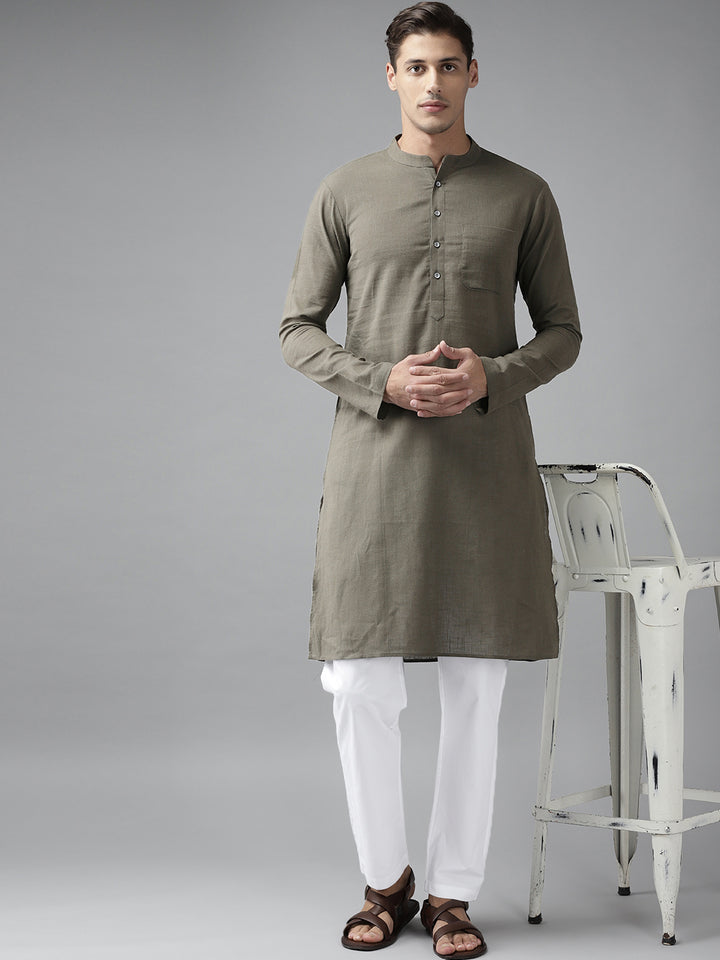 Men Khaki Cotton Slub Straight Kurta With Pyjama