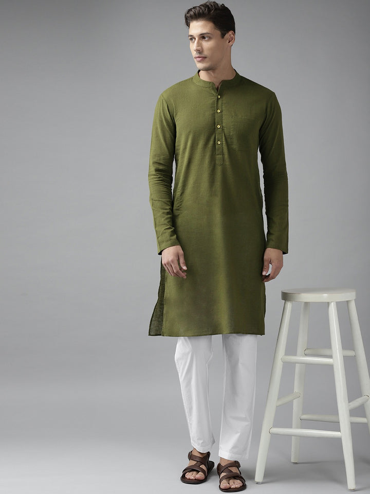 Men Olive Green Cotton Slub Straight Kurta with Pyjama