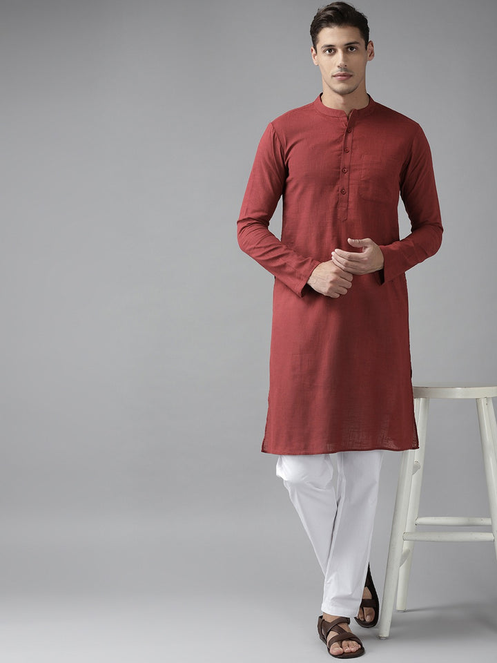 Men Maroon Cotton Slub Straight Kurta with Pyjama