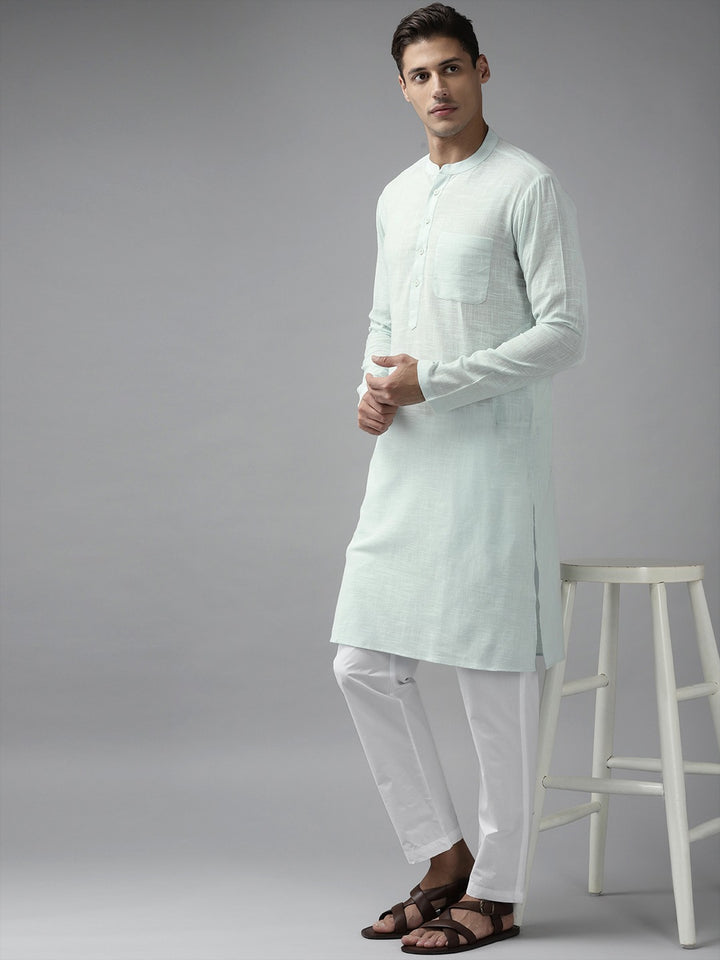 Men Sky Blue Cotton Slub Straight Kurta with Pyjama