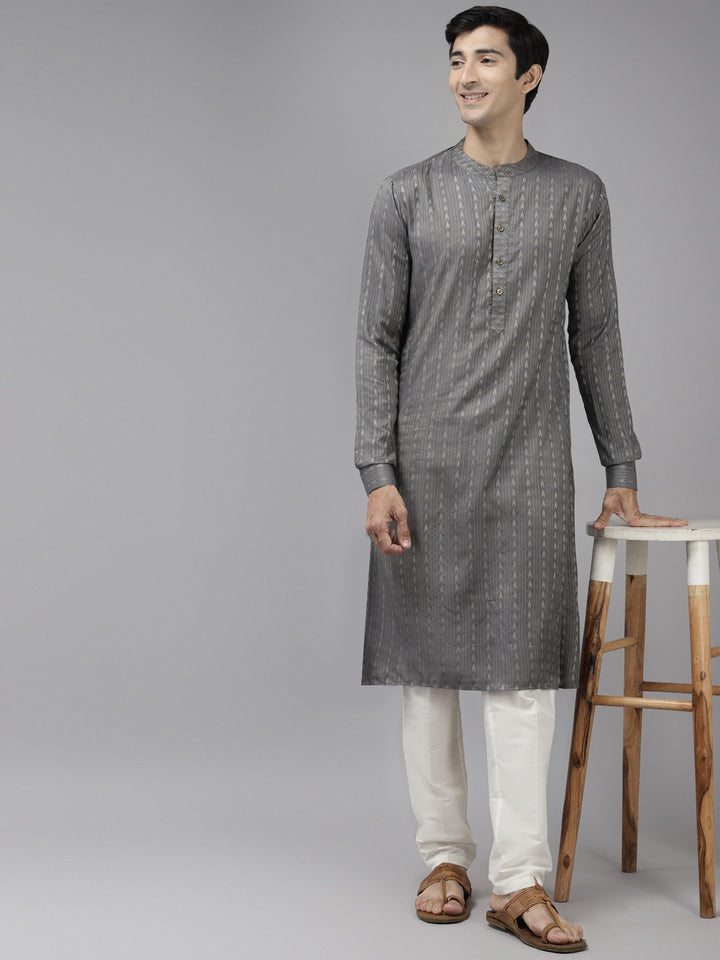 Men Grey & Beige Woven Design Thread Work Kurta