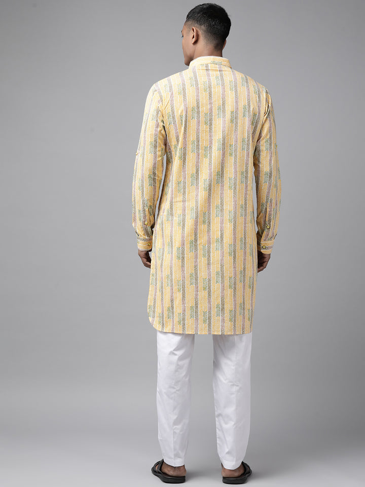 Yellow and Brown Pure Cotton Pathani kurta