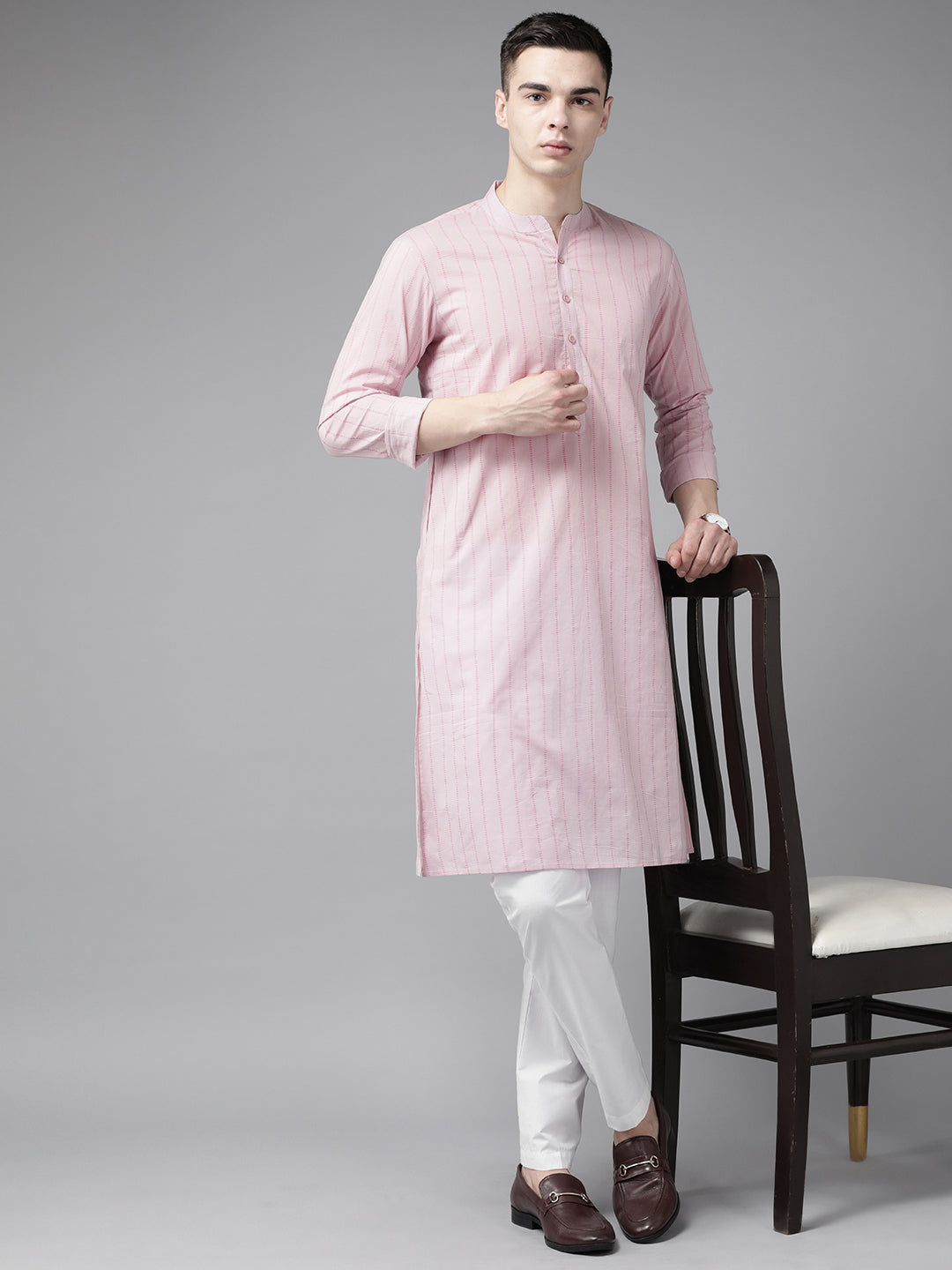 Men Pink & Maroon Stripe Printed Straight Kurta With Pyjama
