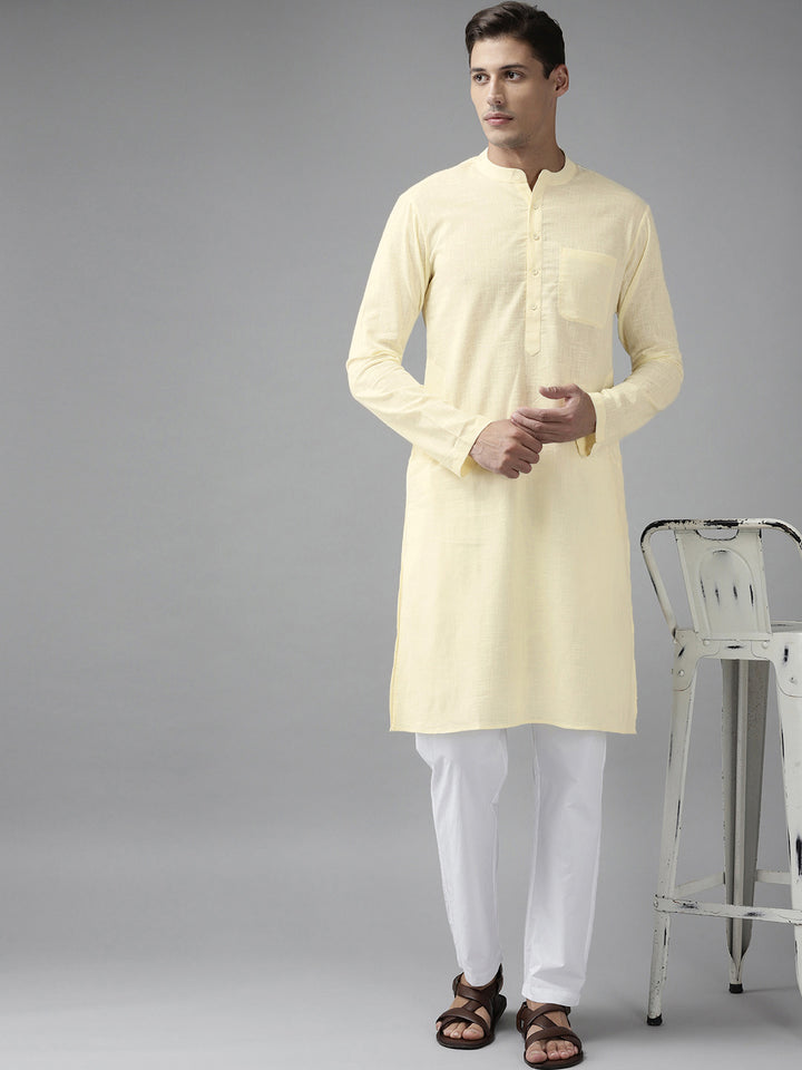 Men Cream Cotton  Straight Kurta with Slub Effect With Pyjama