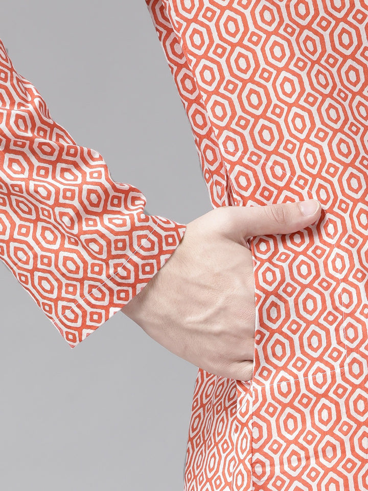 Men Peach And White Printed Straight Kurta