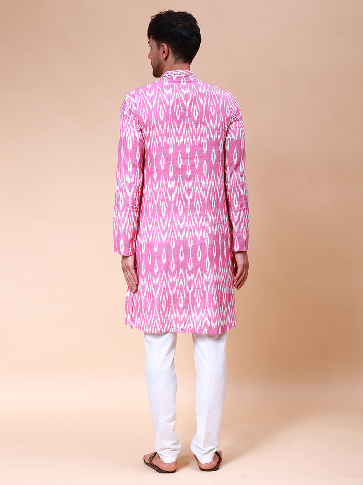 Printed Ikat Pure Cotton Straight Kurta with Embroidered Neck Design