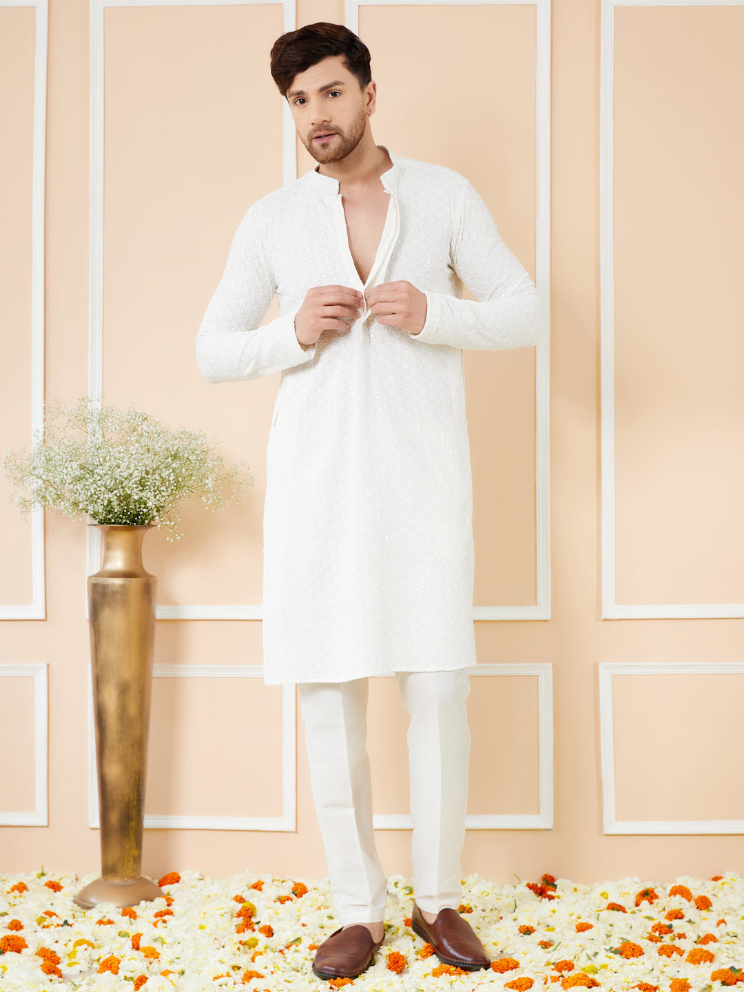 White Sequins Embroidered Rayon Kurta