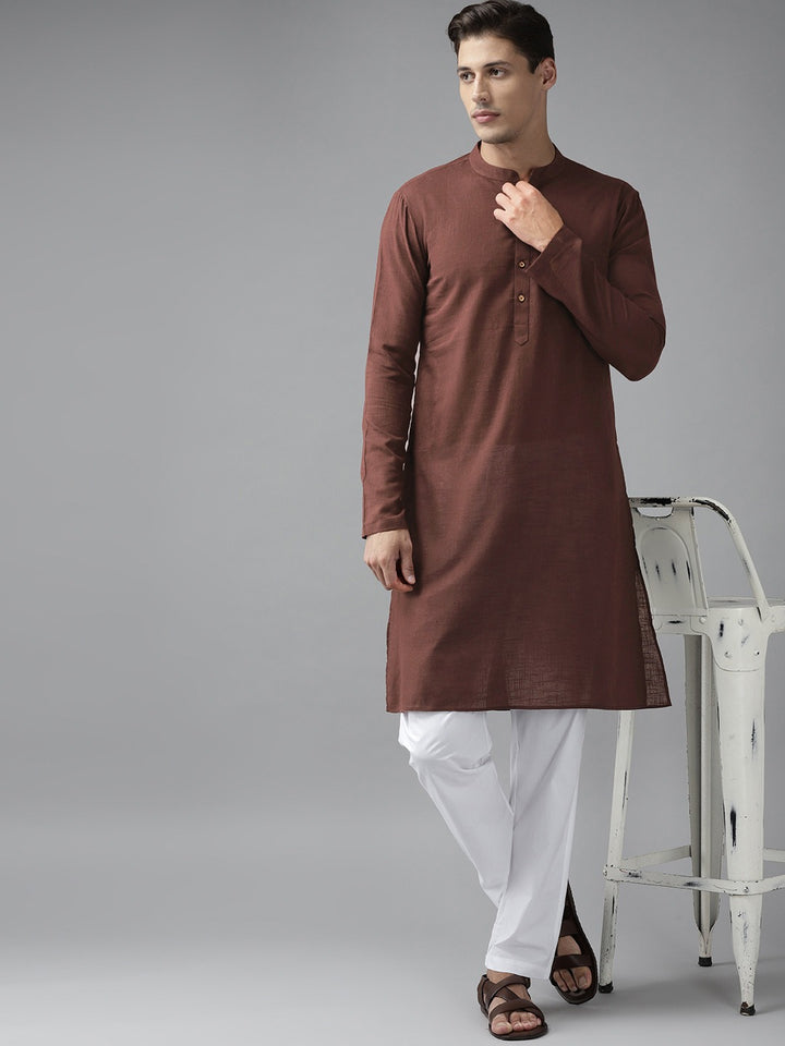 Men Brown Cotton Slub Straight Kurta with Pyjama