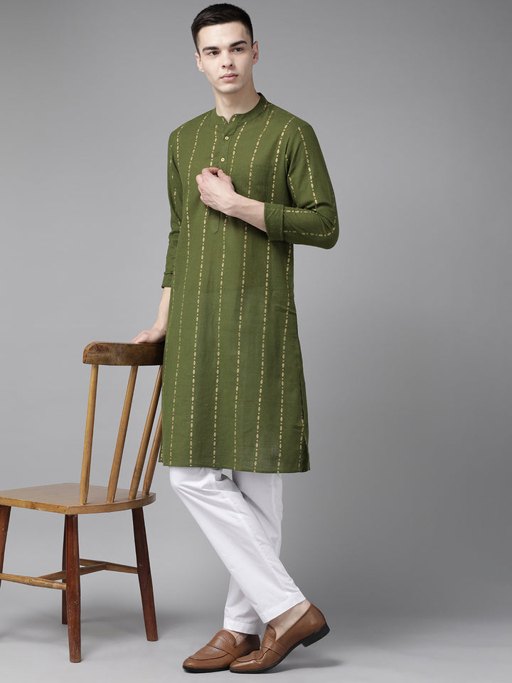 Men Green & Gold Stripe Printed Straight Kurta With Pyjama