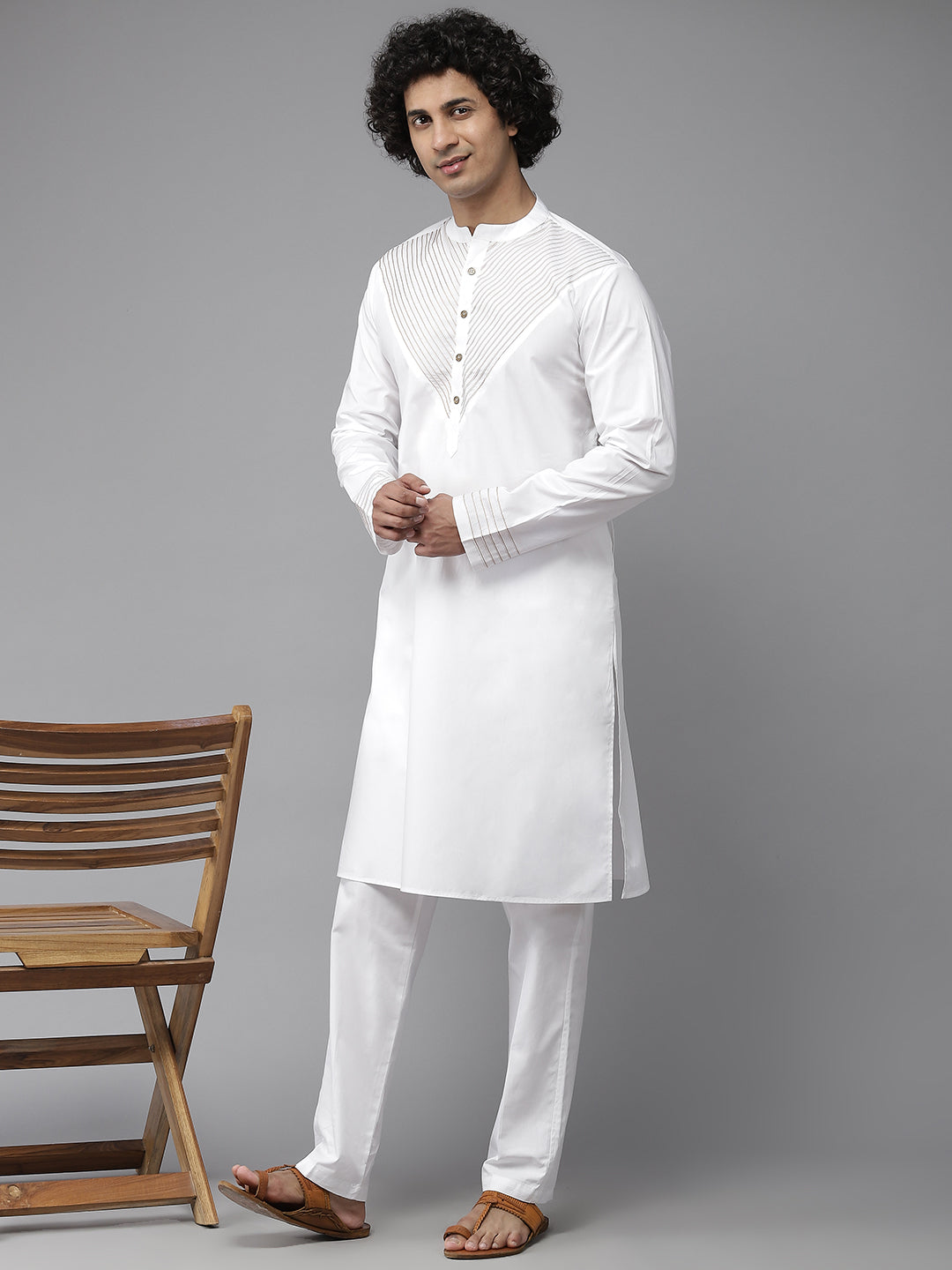 Men White Yoke Design Straight Kurta With Pyjama