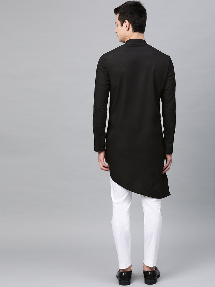 Black Solid Straight Kurta With Yoke Thread Work With Kurta Pyjama