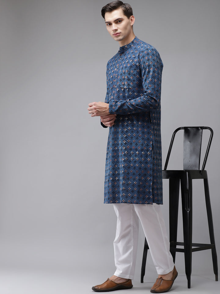 Men Blue And Maroon Hand Block Print Sustainable Straight With Kurta Pyjama