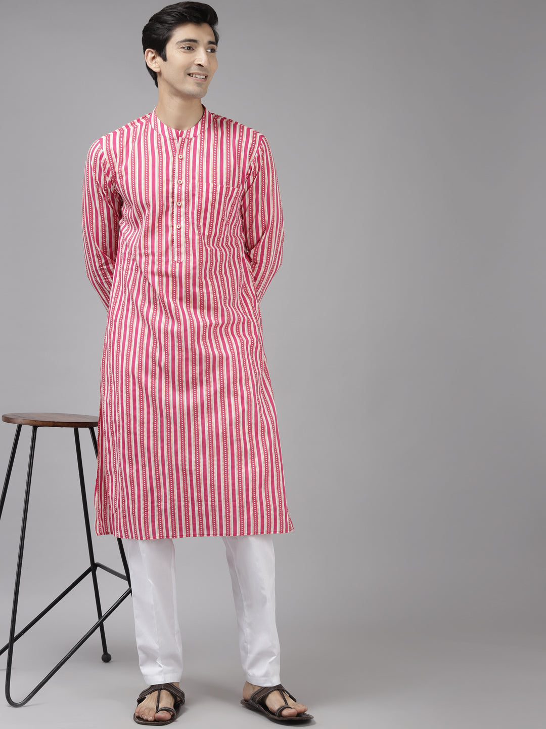 Men Pink And Gold  Printed Thread Work Indigo Kurta With Pyjama