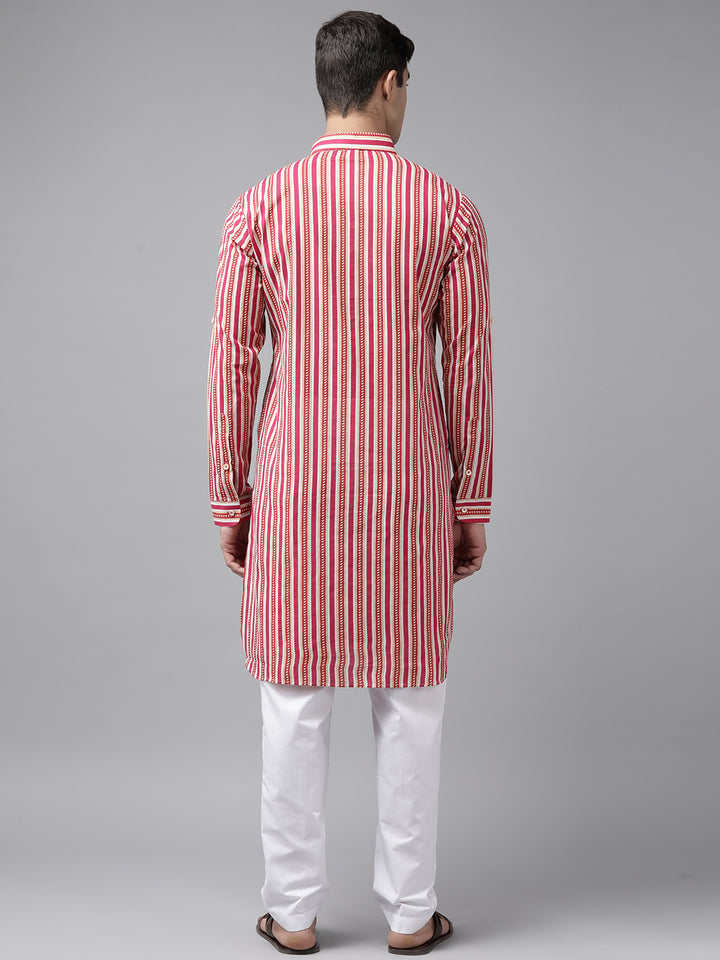 Men Fuchsia Pink Regular Pure Cotton Pathani Kurta with white Salwar