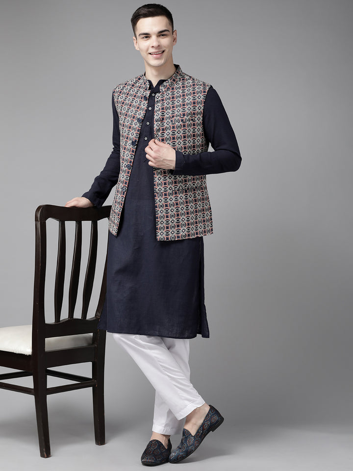 Men Blue And Maroon Printed Pure Cotton Kurta Pajama With Nehru jacket