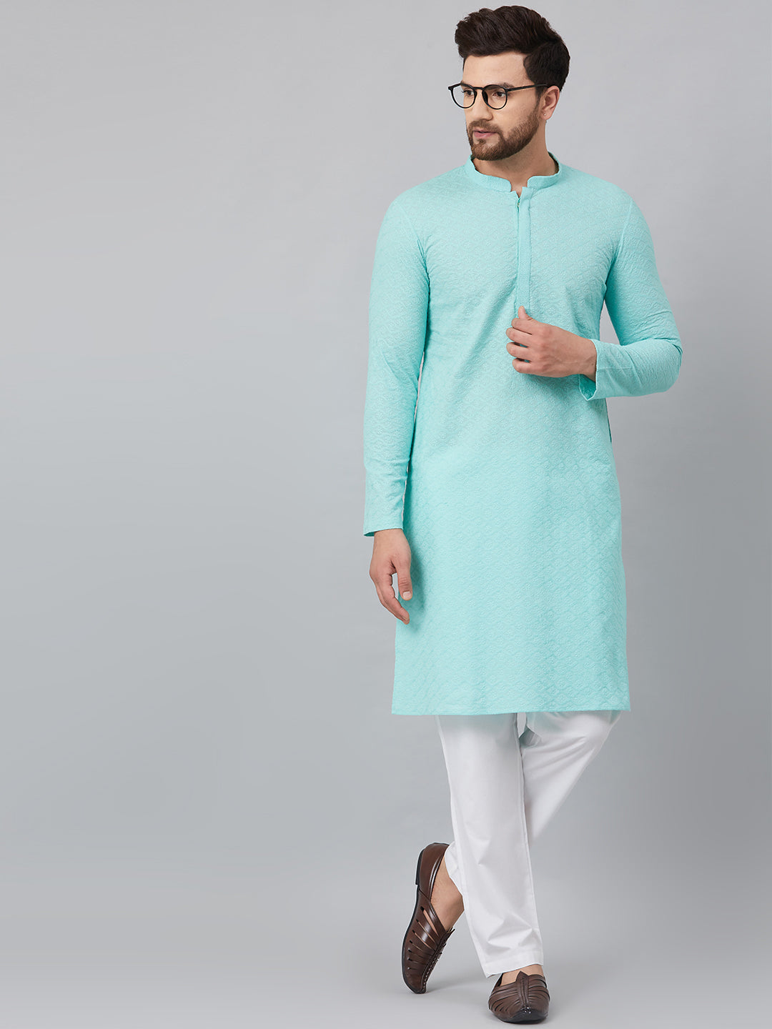 Lime Green Chikankari Embroidered Woven Design Straight Kurta With Pyjama