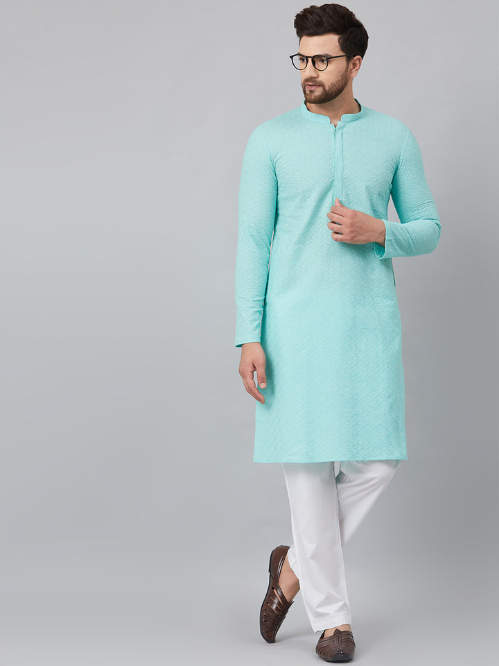 Lime Green Chikankari Embroidered Woven Design Straight Kurta With Pyjama