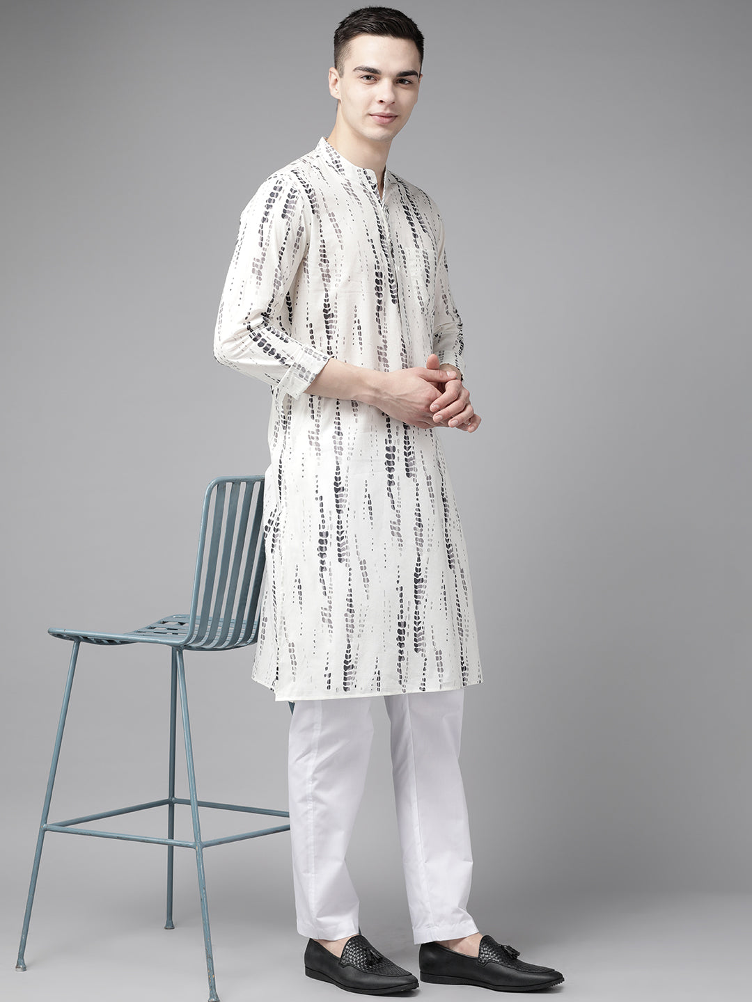Men White Multi Tie and dye Print Design Straight Kurta With Pajama