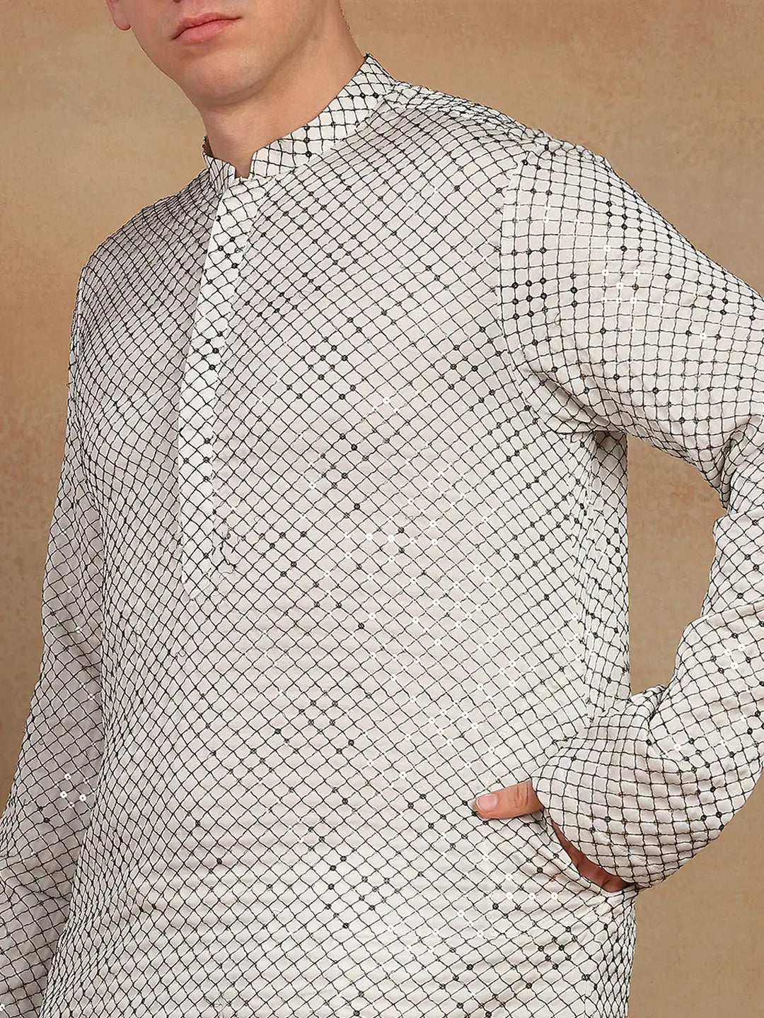 Men White Sequins Leaf Straight Kurta with Pyjama – White