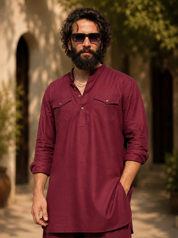 Men's Maroon Rayon Solid Pathani Set