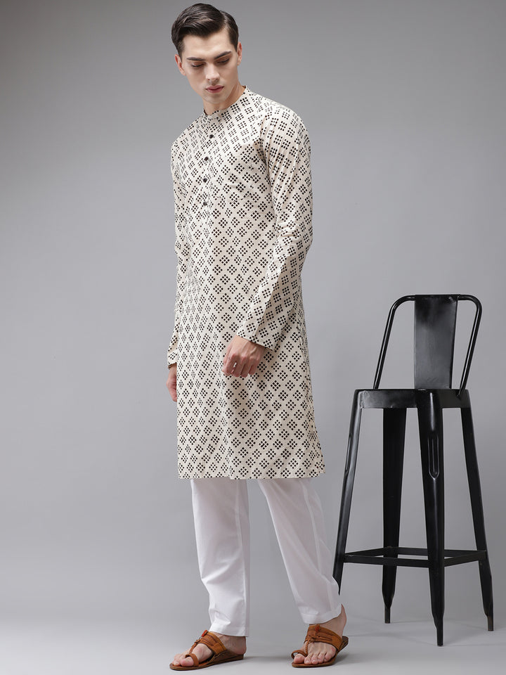 Men Beige And Black Hand Block Print Sustainable Straight With Kurta Pyjama