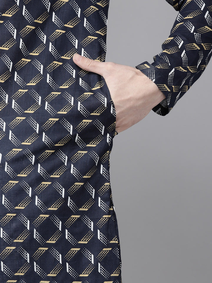 Men Navy Blue & Gold Printed Straight Kurta