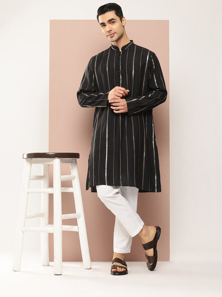 Men's Black & Gold Sequined Chanderi Silk Kurta