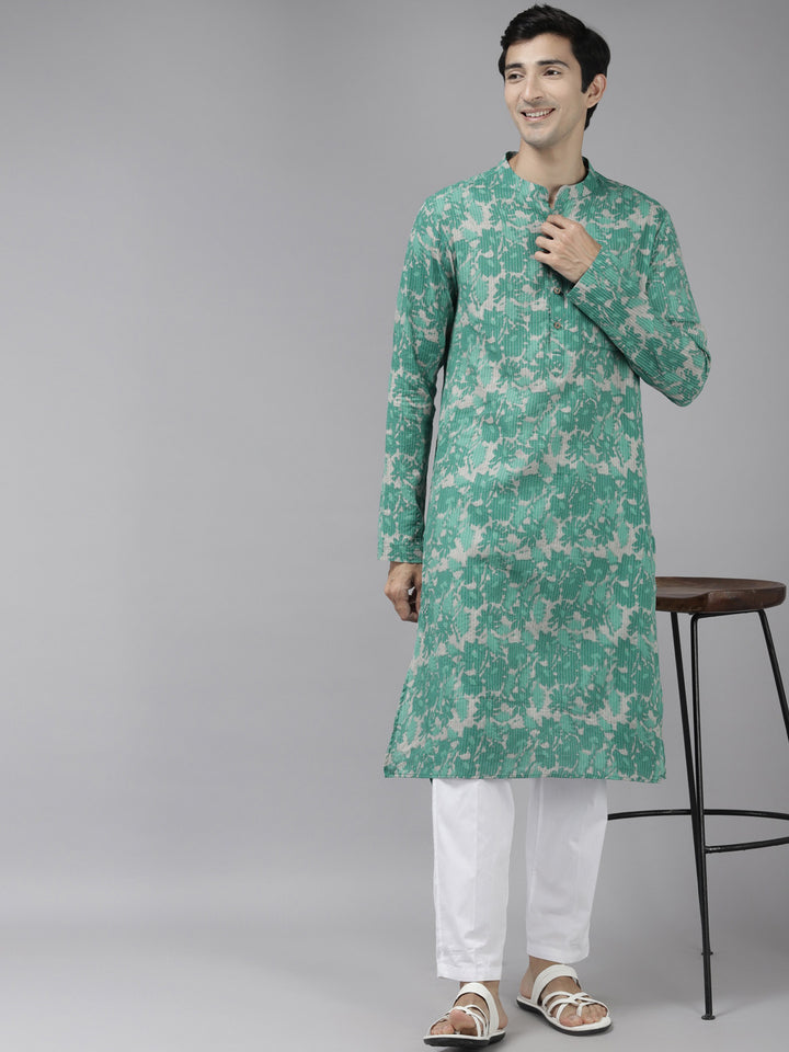 Men Green And Beige Printed Pure Cotton Straight Kurta