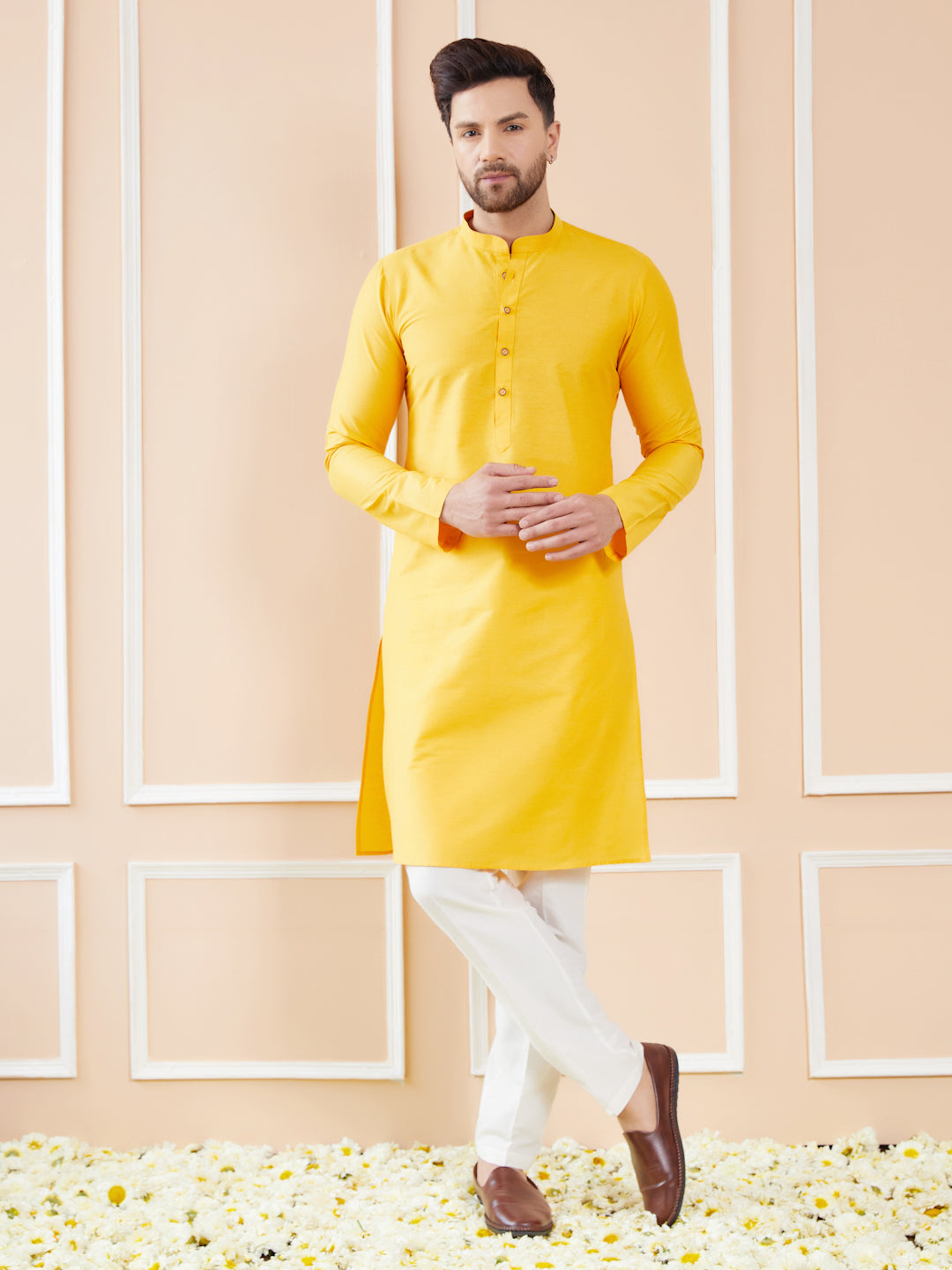 Cotton Solid Straight Yellow Kurta with Pyjama – See Designs