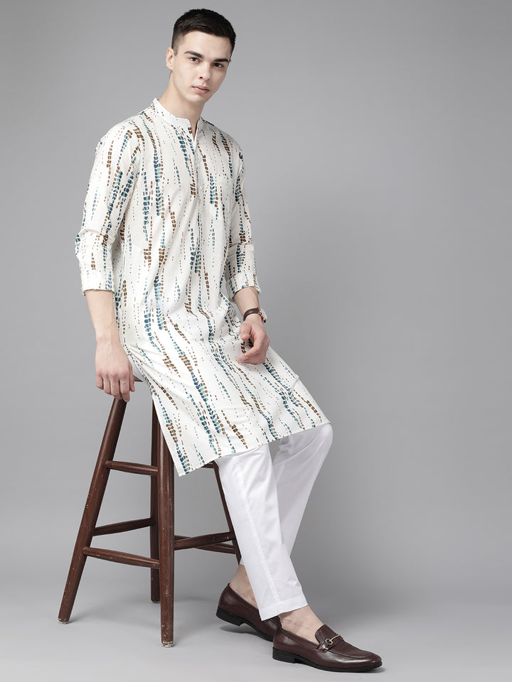 Men White Multi Tie and dye Print Design Straight Kurta