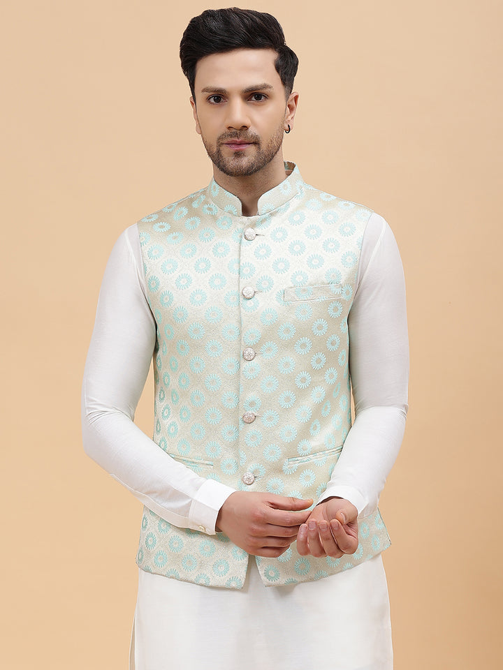 Pure Silk Kurta & Pyjama with Woven Jacquard Nehru Jacket