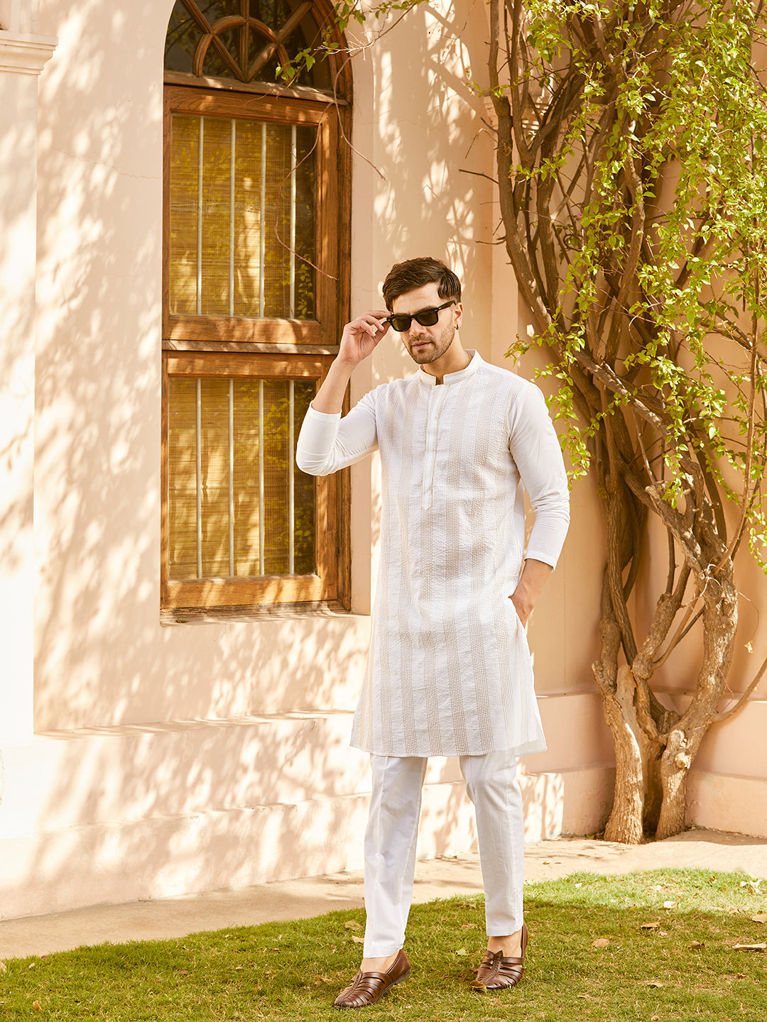 Pintuck with Thread work Pure Cotton Straight Kurta with Pyjama