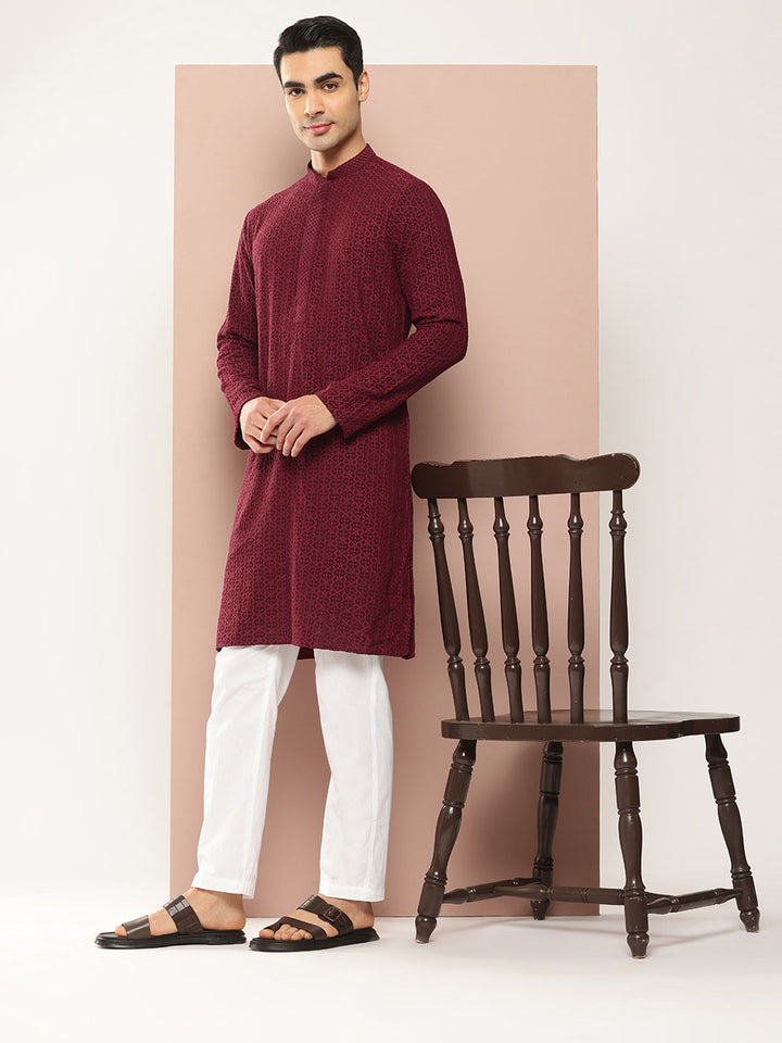 Men's Maroon Embroidered Chikankari Rayon Straight Kurta